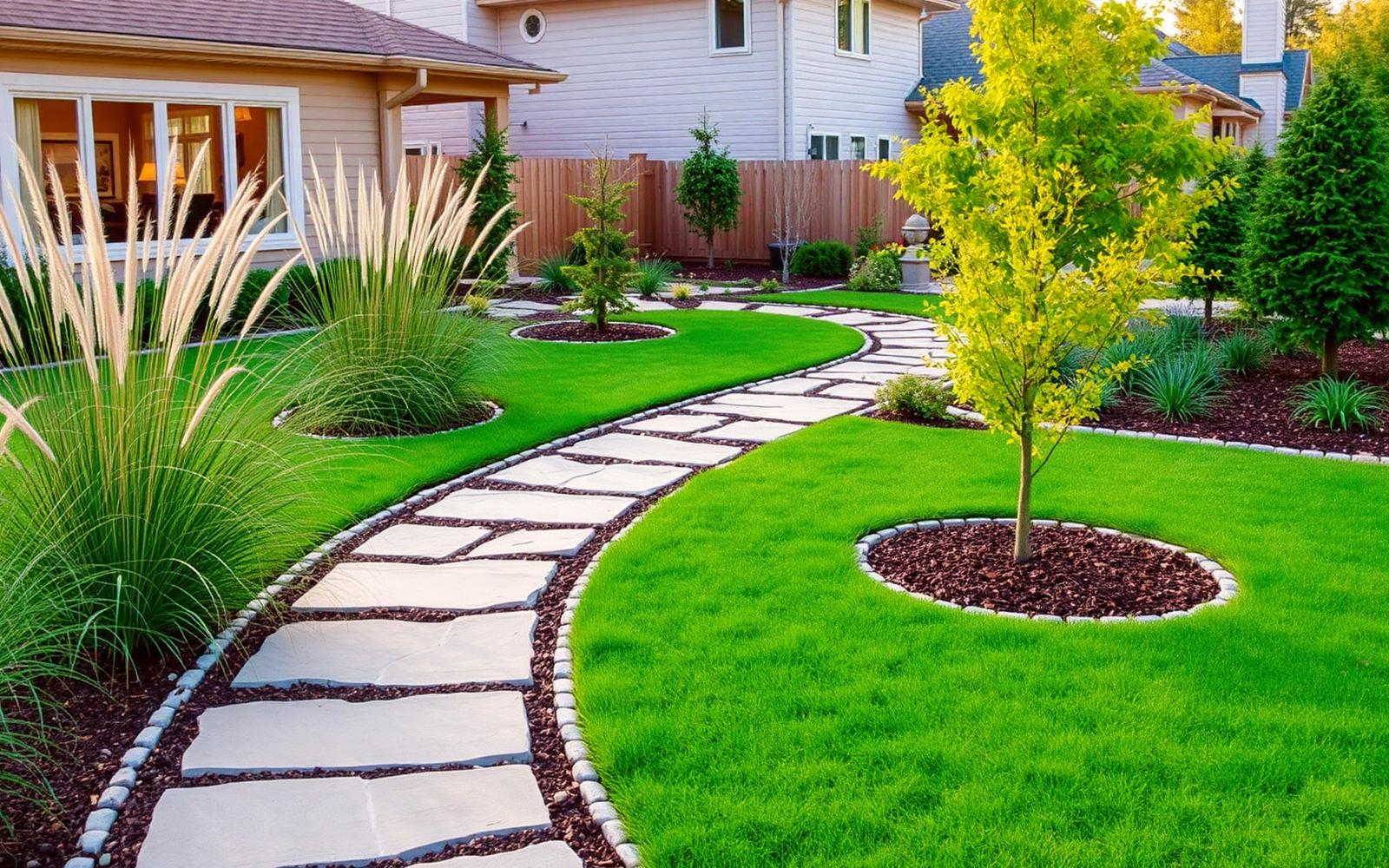 Giardino residenziale progettato con camminamento in pietra e aiuole